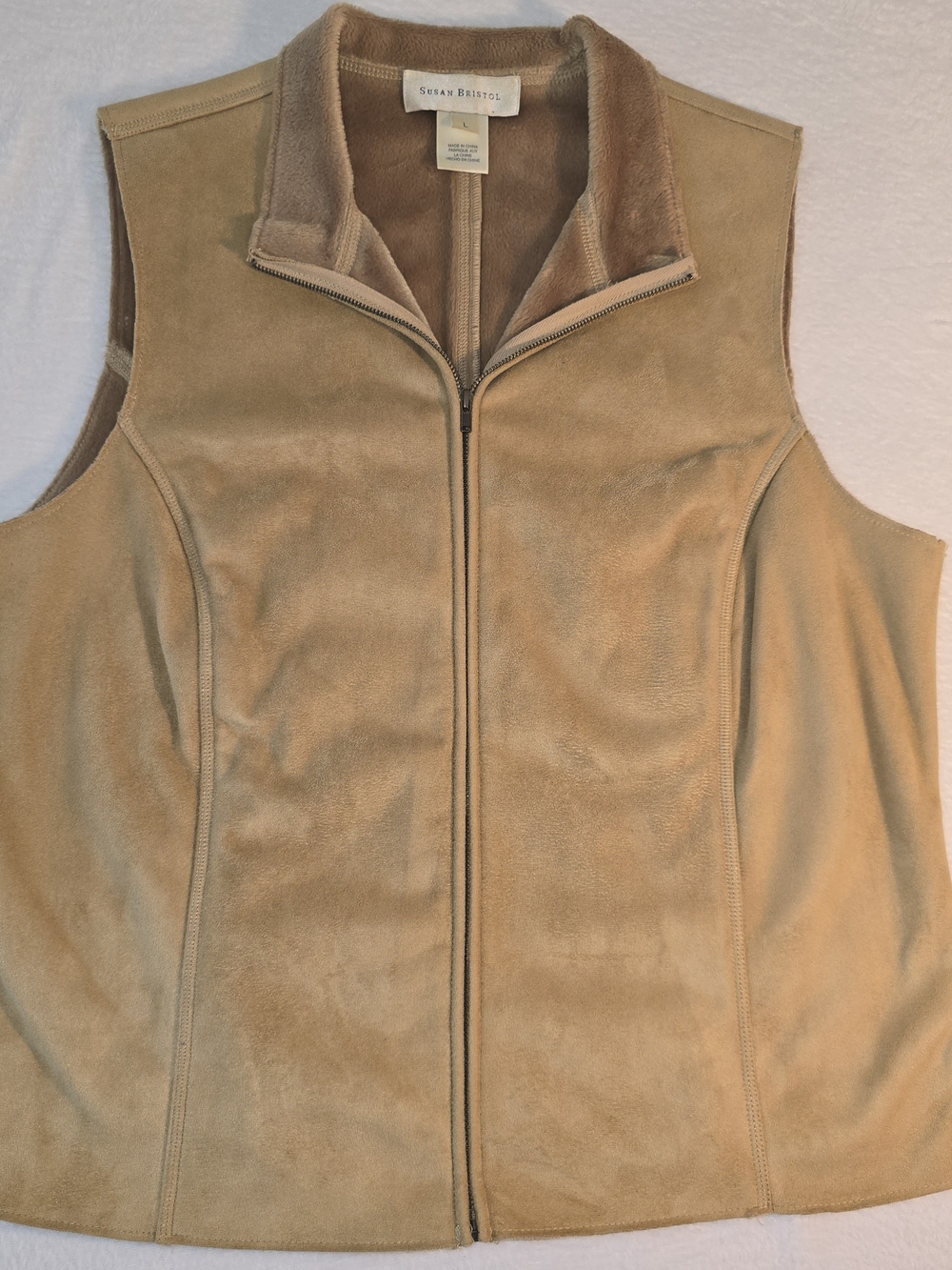 Susan Bristol VTG Women’s Faux Suede Fleece Lined Tan Vest Zip Closure L
